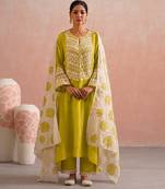 Lime green embroidered mul chanderi kurta set