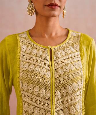 Lime green embroidered mul chanderi kurta set 2