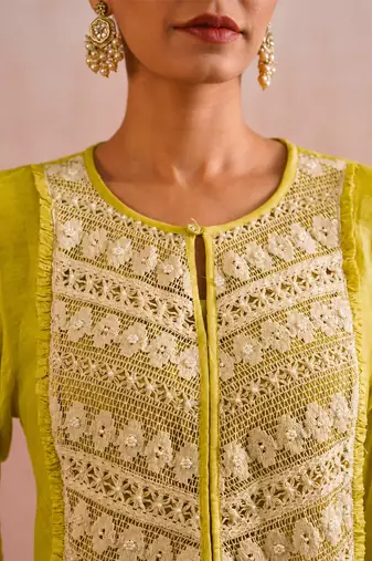 Lime green embroidered mul chanderi kurta set
