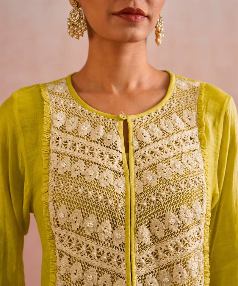 Lime green embroidered mul chanderi kurta set
