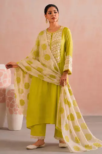 Lime green embroidered mul chanderi kurta set