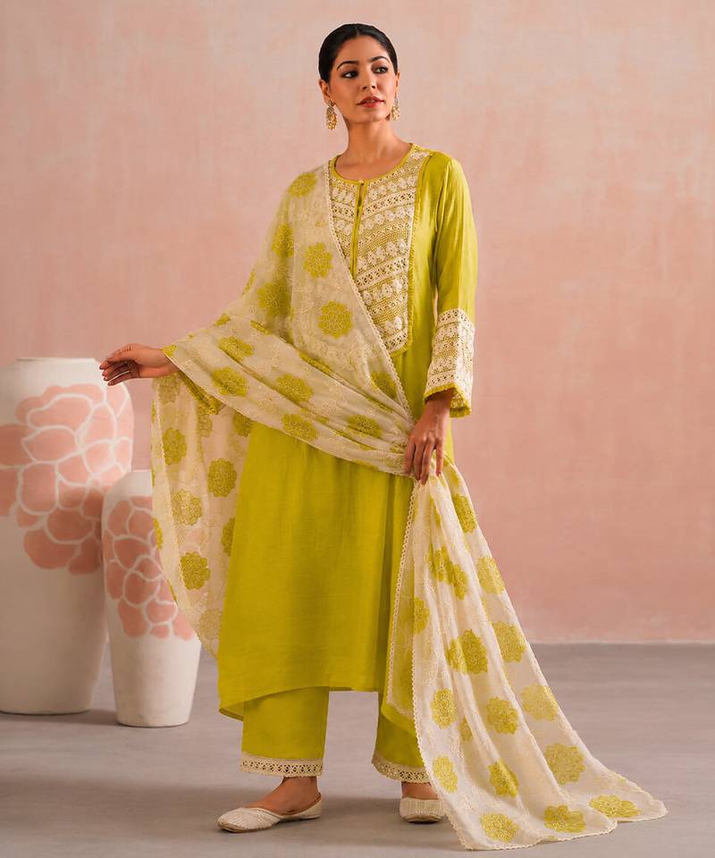 Lime green embroidered mul chanderi kurta set