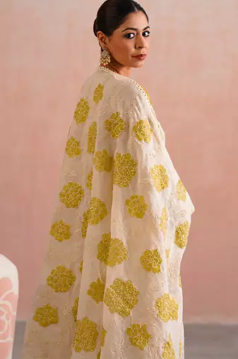 Lime green embroidered mul chanderi kurta set