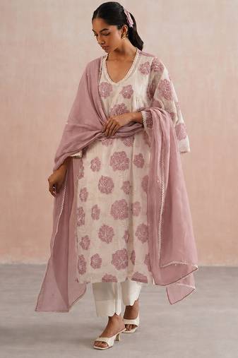 Off white pink embroidered mul chanderi kurta set
