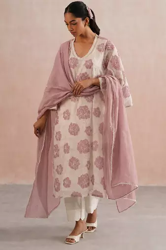 Off white pink embroidered mul chanderi kurta set