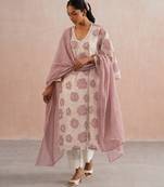 Off white pink embroidered mul chanderi kurta set