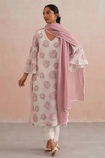 Off white pink embroidered mul chanderi kurta set