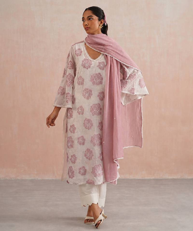 Off white pink embroidered mul chanderi kurta set