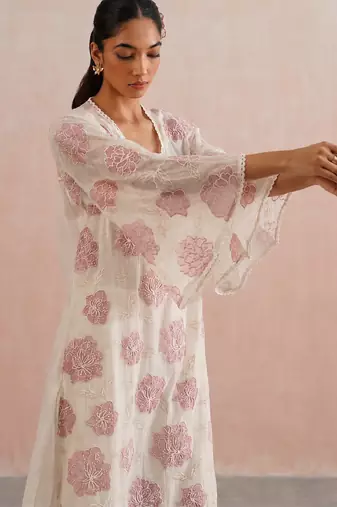 Off white pink embroidered mul chanderi kurta set