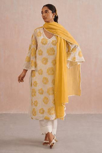 Off white yellow embroidered mul chanderi kurta set