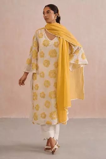 Off white yellow embroidered mul chanderi kurta set