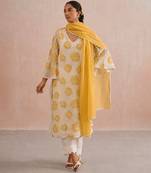 Off white yellow embroidered mul chanderi kurta set