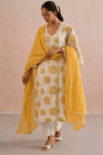 Off white yellow embroidered mul chanderi kurta set