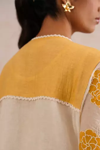 Off white yellow embroidered mul chanderi kurta set