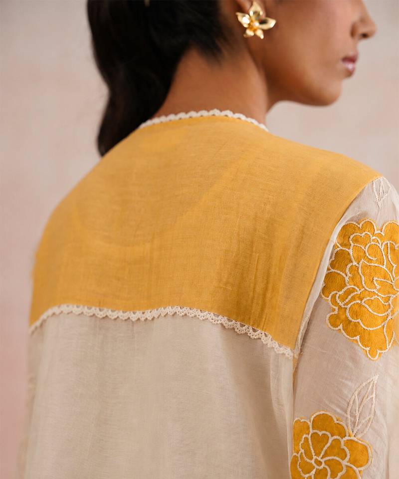 Off white yellow embroidered mul chanderi kurta set