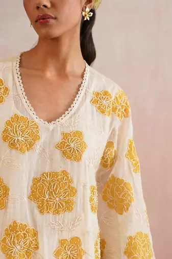 Off white yellow embroidered mul chanderi kurta set