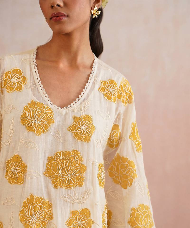 Off white yellow embroidered mul chanderi kurta set