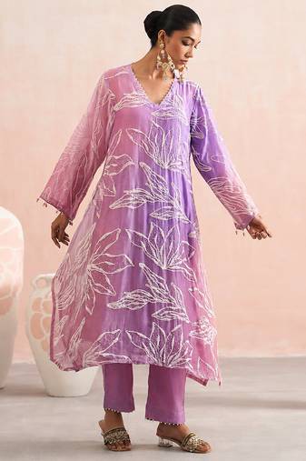 Lavender ombre embroidered mul chanderi kurta and pant