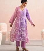 Lavender ombre embroidered mul chanderi kurta and pant