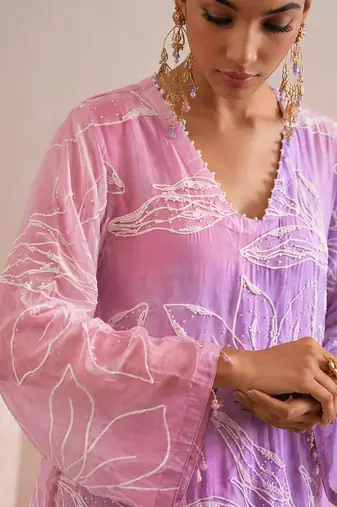 Lavender ombre embroidered mul chanderi kurta and pant