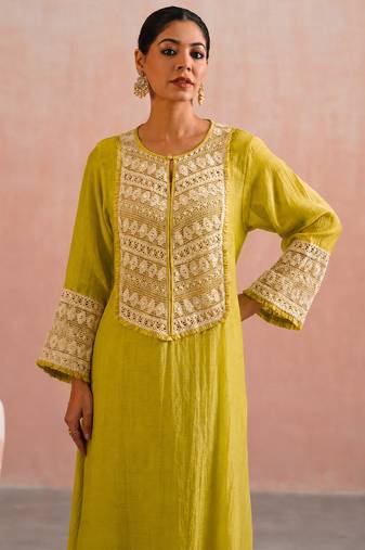 Lime green embroidered mul chanderi kurta and pant