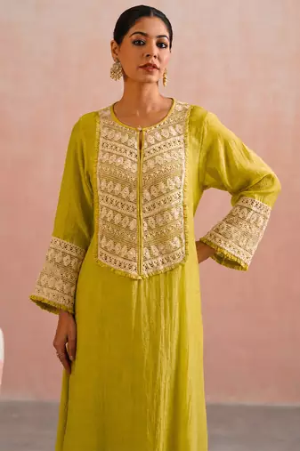 Lime green embroidered mul chanderi kurta and pant