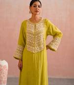 Lime green embroidered mul chanderi kurta and pant