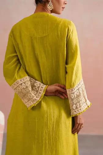 Lime green embroidered mul chanderi kurta and pant
