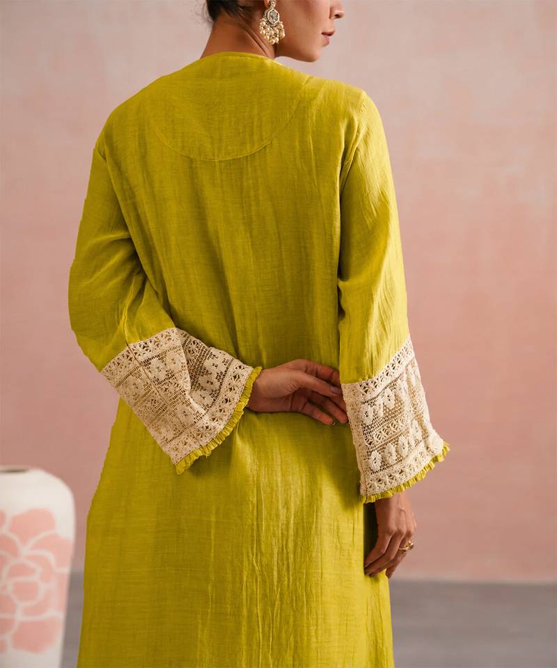 Lime green embroidered mul chanderi kurta and pant