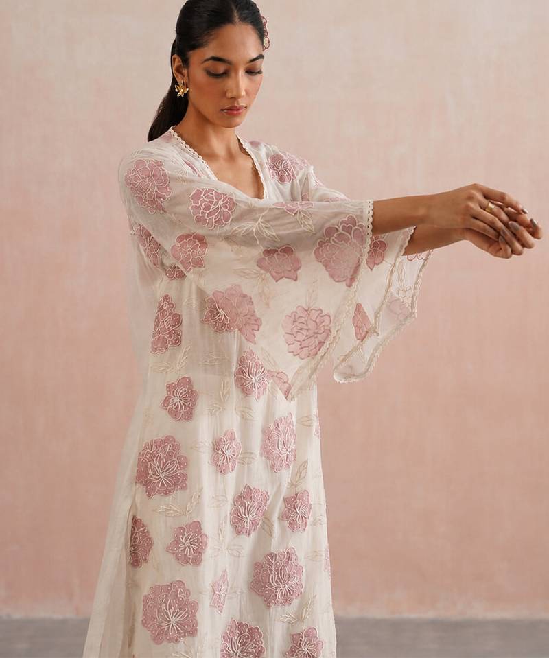 Off white pink embroidered mul chanderi kurta and pant