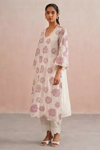 Off white pink embroidered mul chanderi kurta and pant