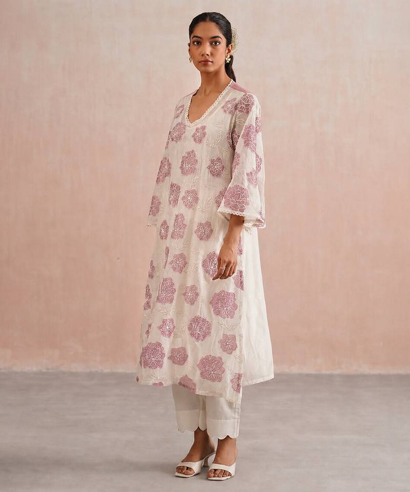 Off white pink embroidered mul chanderi kurta and pant