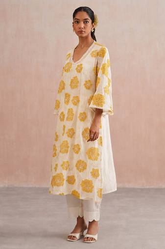 Off white yellow embroidered mul chanderi kurta and pant