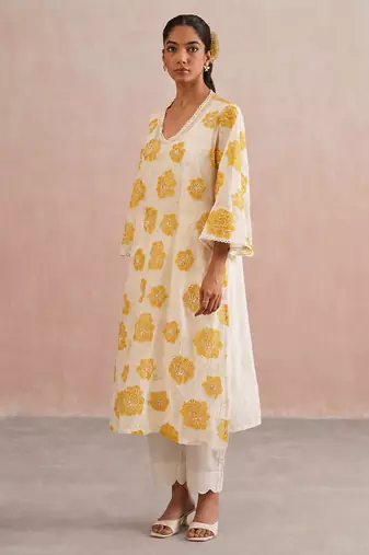 Off white yellow embroidered mul chanderi kurta and pant