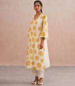 Off white yellow embroidered mul chanderi kurta and pant