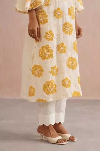 Off white yellow embroidered mul chanderi kurta and pant