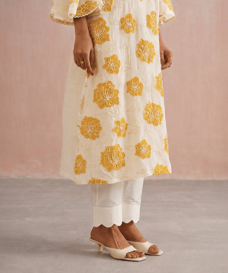 Off white yellow embroidered mul chanderi kurta and pant