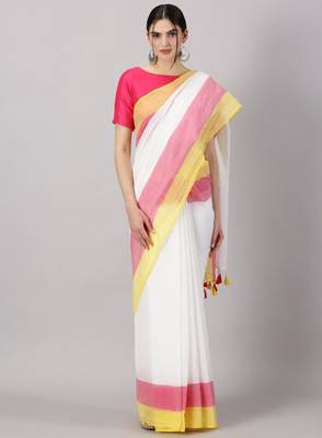 Striped printed pure cotton saree with tassels 1
