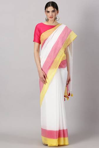 Striped printed pure cotton saree with tassels