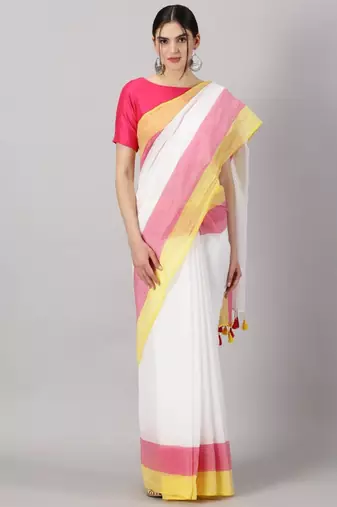 Striped printed pure cotton saree with tassels