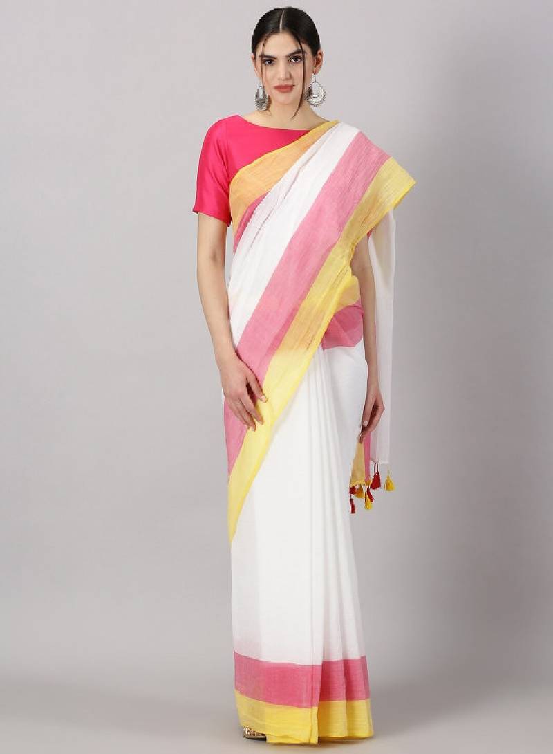 Striped printed pure cotton saree with tassels