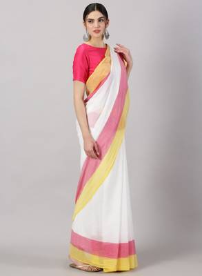 Striped printed pure cotton saree with tassels 2