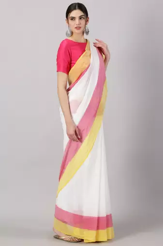 Striped printed pure cotton saree with tassels