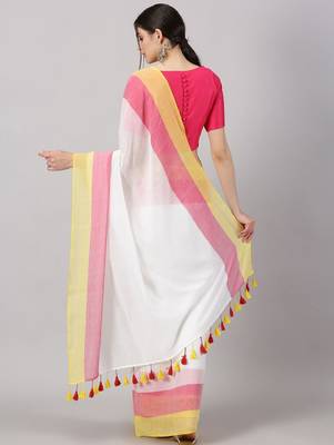 Striped printed pure cotton saree with tassels 3