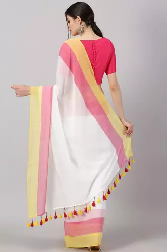 Striped printed pure cotton saree with tassels