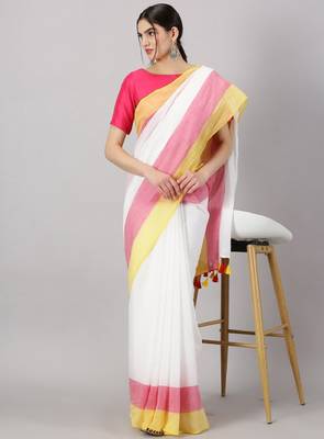 Striped printed pure cotton saree with tassels 4