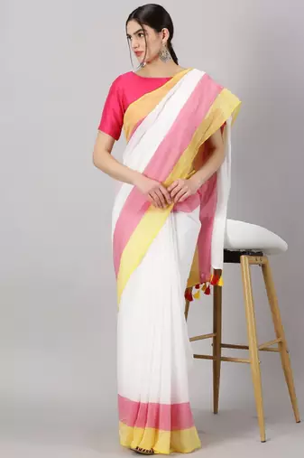 Striped printed pure cotton saree with tassels