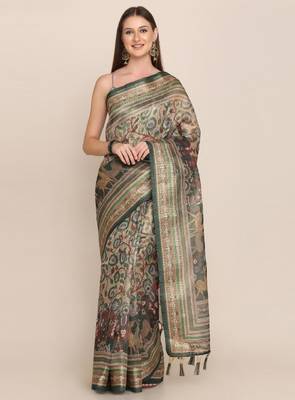 Floral motifs printed zari linen saree 1