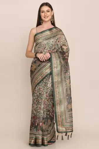 Floral motifs printed zari linen saree