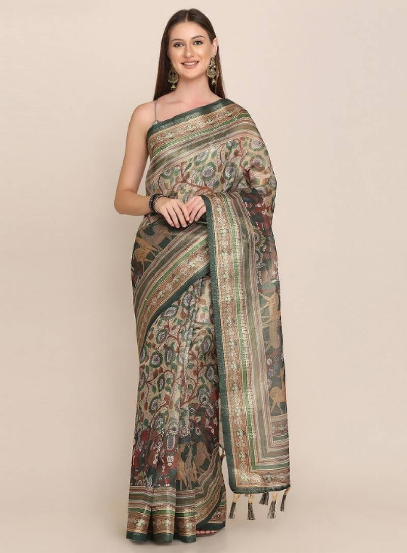 Floral motifs printed zari linen saree